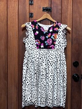 Ladies or Juniors Black & White Polka Dot Babydoll Dress with Floral Bodice
